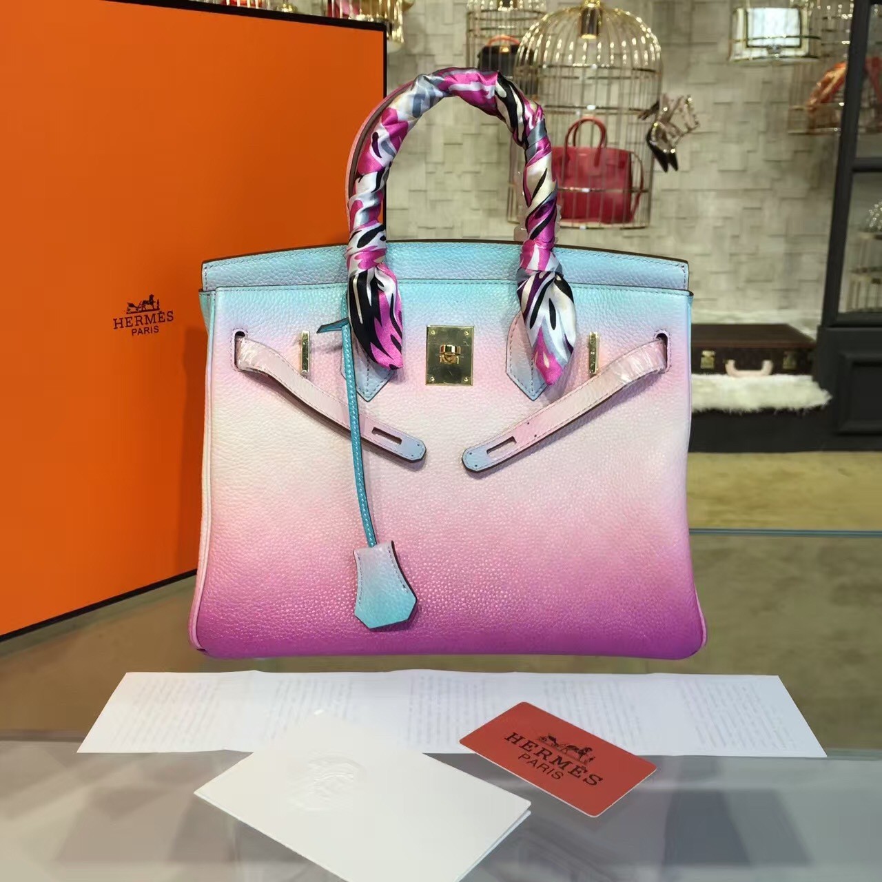 Customized Hand Painted Hermes Birkin 30cm Togo Calfskin Bag Handstitched Gold or Palladium Hardware, Ombre Multicolor RS21670