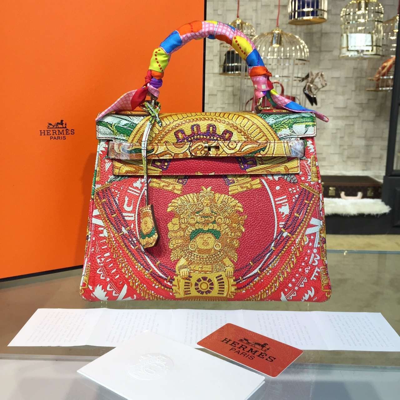 Customized Hand Painted Hermes Kelly 32cm Togo Calfskin Bag Handstitched Gold or Palladium Hardware, Red/Gold Combo Multicolor RS19472