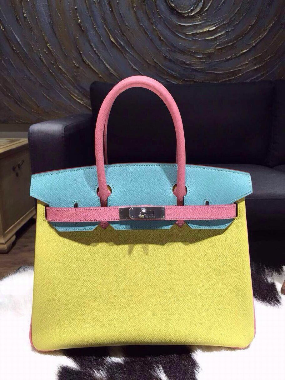 Hermes Horseshoe Birkin Tri-Color 30cm Epsom Calfskin Handstitched, Blue Atoll 3P, Rose Confetti 1Q, Soufre C9 RS16973