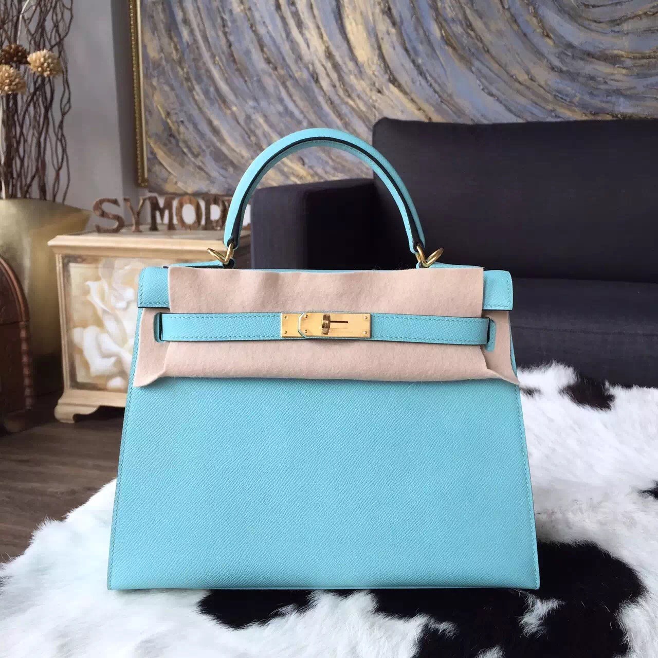 Knockoff Hermes Kelly 28cm Epsom Calfskin Original Leather Bag Handstitched, Blue Atoll 3P RS08487