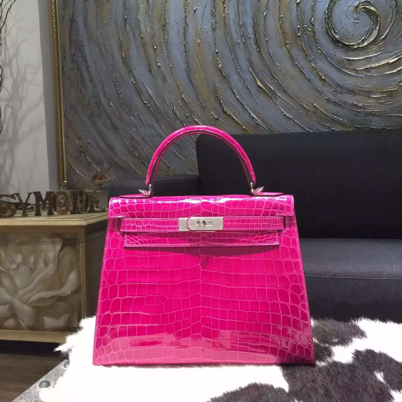Knockoff Hermes Kelly 28cm Shiny Alligator Crocodile Palladium Hardware Handstitched, Rose Scheherazade J5 RS18340