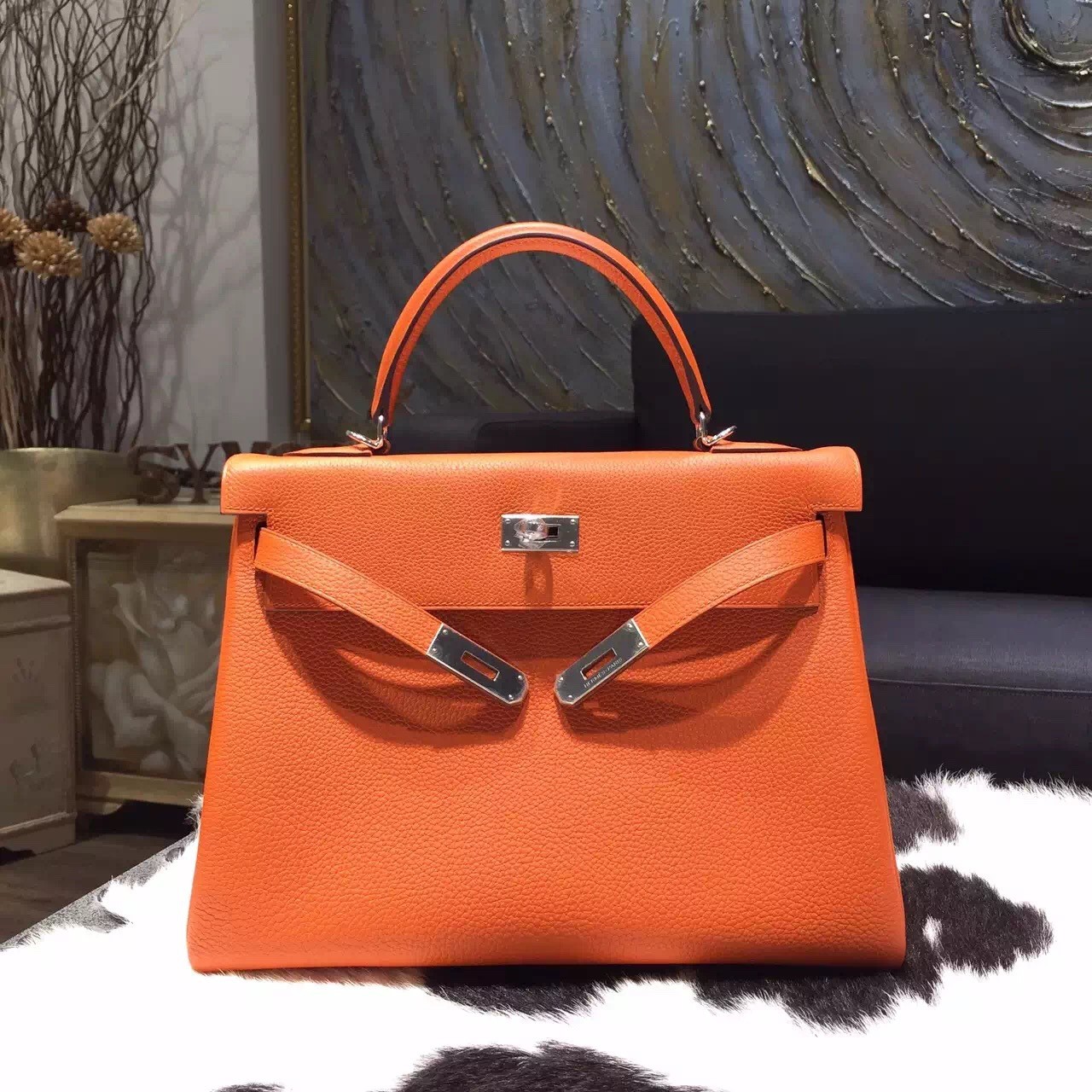 Knockoff Hermes Kelly 32cm Togo Calfskin Bag Handstitched Gold/Palladium Hardware, Orange CC93 RS16863