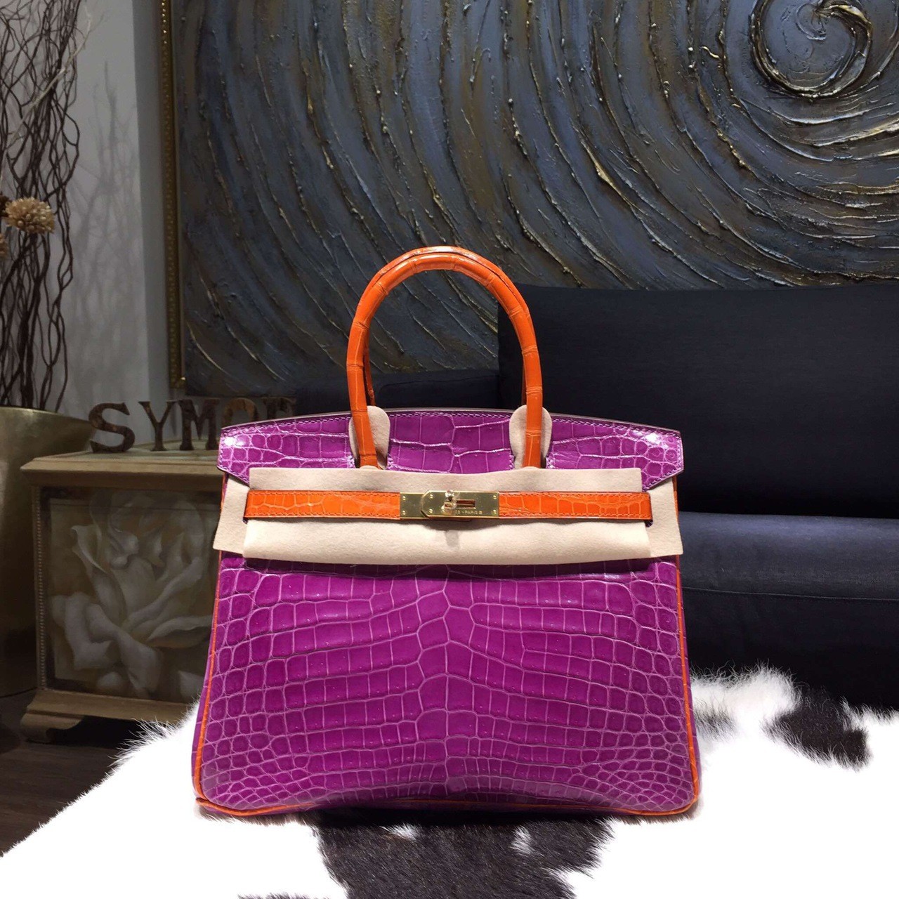 Knockoff Hermes Shiny Alligator Horseshoe Birkin 30cm Bag Gold Hardware Handstitched, Violet CK96, Orange CK93 RS11807