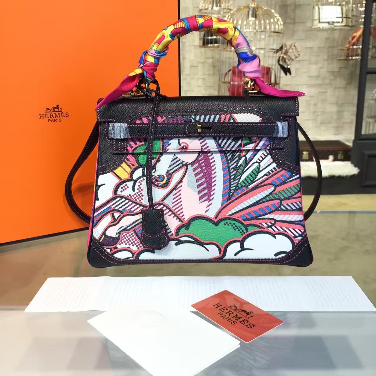 Replica Customized Hand Painted Hermes Kelly 32cm Togo Calfskin Bag Handstitched Gold or Palladium Hardware, Black Multicolor Graffiti RS08715
