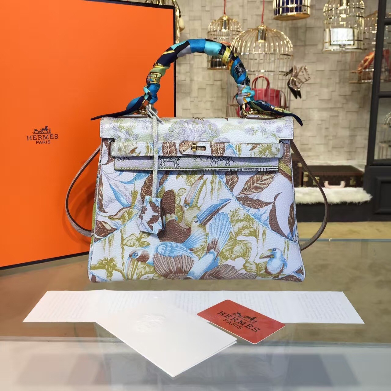 Replica Customized Hand Painted Hermes Kelly 32cm Togo Calfskin Bag Handstitched Gold or Palladium Hardware, Botanical Garden Multicolor RS00903