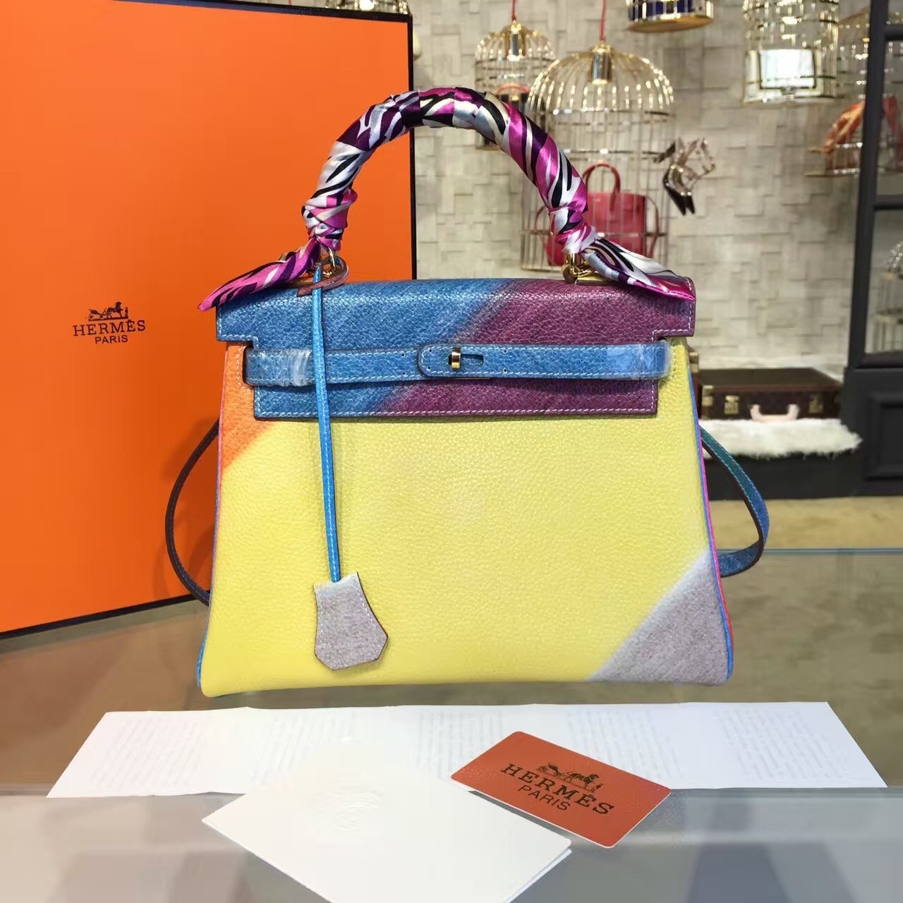 Replica Customized Hand Painted Hermes Kelly 32cm Togo Calfskin Bag Handstitched Gold or Palladium Hardware, Yellow/Purple Multicolor Graffiti RS17069