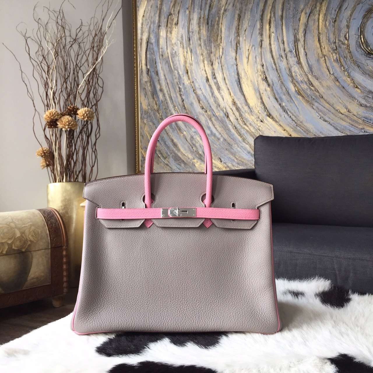 Replica Hermes Horseshoe Birkin 35cm Togo Calfskin Bag Handstitched Palladium Hardware, Pink 5P/Graphite RS04694