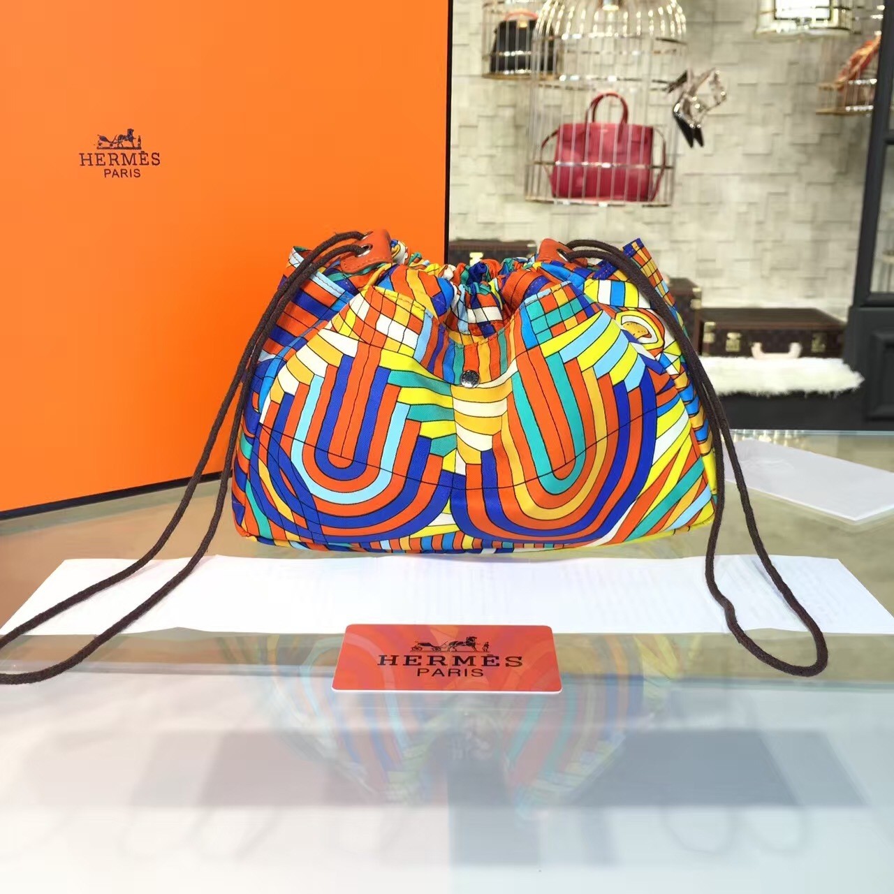 Replica Hermes Silk Fourbi Carre en Cravates GM Bag Insert with Orange Leather Fall/Winter 2016 Collection, Orange/Blue Multicolor RS11115