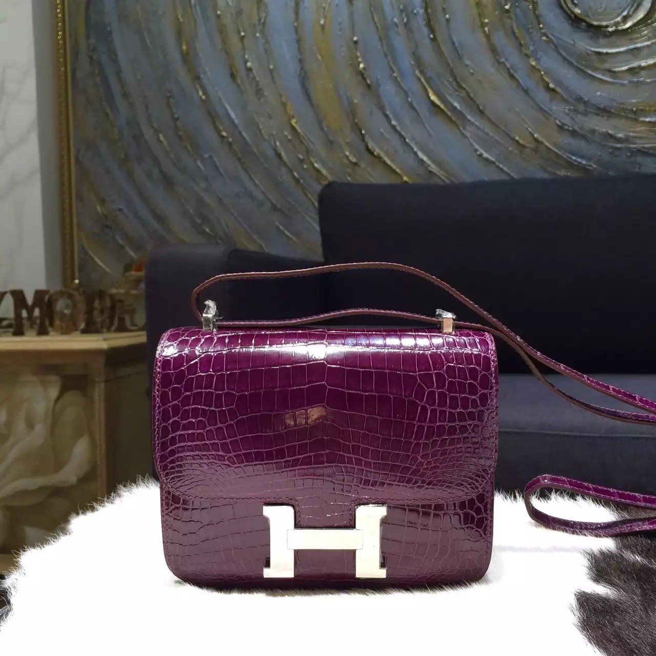 Sale 1:1 Fake Hermes Constance 18cm Shiny Alligator Crocodile Original Leather Fully Handstitched Gold Hardware, Cassiss N5 RS15139