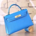 Hermes Blue Hydra Chevre Kelly Mini II 20cm Handmade Bags HJ202115