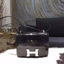 Sale 1:1 Hermes Constance 18cm Shiny Alligator Crocodile Original Leather Fully Handstitched Palladium Hardware, Noir Black RS17692