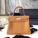 Sale 1:1 Hermes Kelly 25cm Togo Calfskin Bag Handstitched Palladium Hardware with White Stiching, Gold CC37 RS20379