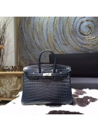 AAA Hermes Birkin 25cm Matte Crocodile Skin Bag Handstitched Palladium Hardware, Blue Indigo CK76 RS03510