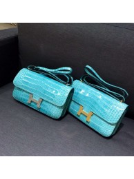 AAA Hermes Constance Elan 26cm Shiny Crocodile Skin Bag Handstitched Gold/Palladium Hardware, Turquoise Blue 7B RS11450