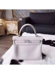 AAA Hermes Kelly 25cm Taurillion Clemence Calfskin Bag Handstitched Palladium Hardware, Pearl Grey CK80 RS03281