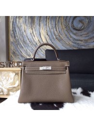 AAA Hermes Kelly 28cm Taurillon Clemence Original Leather Bag Handstitched Palladium Hardware, Etoupe CK18 RS00472