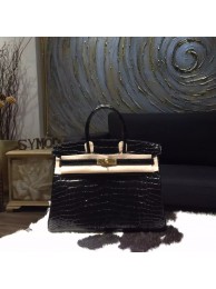 AAA Hermes Shiny Alligator Crocodile Birkin 35cm Gold Hardware Handstitched, Noir Black RS02677