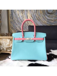 Hermes Birkin 30cm Epsom Calfskin Bag Handstitched Palladium Hardware, Blue Atoll 3P/Rose Confetti 1Q RS08392