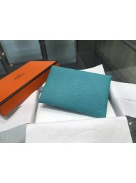Hermes Calvi Card Holder Case Handstitched Taurillon Clemence Calfskin, Turquoise Blue 7B RS11221