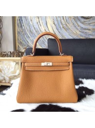 Hermes Kelly 25cm Togo Calfskin Bag Handstitched Palladium Hardware, Gold CK37 Contrast Stitching RS13214