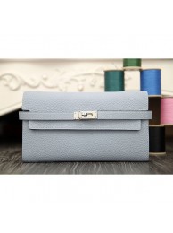 Hermes Kelly Longue Wallet In Blue Lin Clemence Leather RS00003