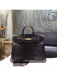 Knockoff Hermes Shiny Alligator Crocodile Birkin 40cm Gold Hardware Handstitched, Noir Black RS10582