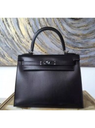 Limited Edition Hermes Kelly 28cm Box Calfskin Original Leather Bag Handstitched, SO BLACK RS09188