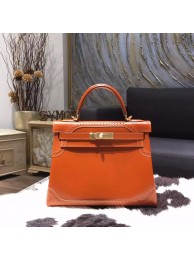 Limited Edition Hermes Kelly Ghillies 28cm Box Calfskin Leather Bag Handstitched Gold Hardware, Tadelakt Fauve CK34 RS07114