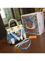 Limited Edition Hermes Mini Kelly Doll Bag 20cm Swift Leather with Croc Gold Hardware Singapore 50th Anniversary, Blanc/Light Blue RS16120