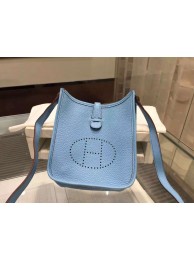 Luxury Hermes Evelyne Mini TPM Taurillon Clemence Palladium Hardware Handstitched High Quality, Bleu Lin CKJ7 RS04667