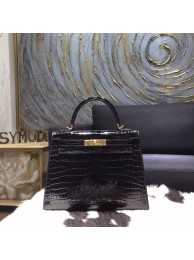 Luxury Hermes Kelly Sellier Rigide 28cm Shiny Alligator Crocodile Gold Hardware Handstitched, Noir RS10620