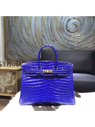 Luxury Hermes Shiny Alligator Birkin 30cm Bag Hand Stitched Gold Hardware Handstitched, Blue Electric 7T RS14245