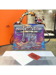 Luxury Imitation Customized Hand Painted Hermes Kelly 32cm Togo Calfskin Bag Handstitched Gold or Palladium Hardware, Cheetah Midnight Blue Multicolor RS21479