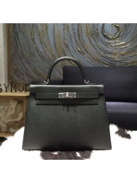 Quality Hermes Kelly 28/32cm Epsom Calfskin Original Leather Bag Hand Stitched Palladium Hardware, Noir Black RS02883