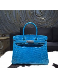 Replica Beautiful Hermes Shiny Alligator Crocodile Birkin 30cm Palladium Hardware Handstitched, Blue Izmir 7W RS05598