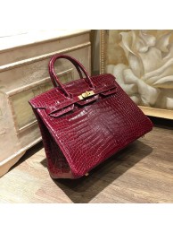 Replica Fashion Hermes Birkin 35cm Shiny Alligator Crocodile Gold Hardware Handstitched, Bordeaux CK57 RS09550