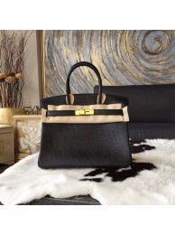 Replica Hermes Birkin 25cm Autruche Ostrich Bag Gold Hardware Handstitched, Noir CK89 RS03889