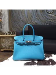 Replica Hermes Birkin 30cm Togo Calfskin Original Leather Bag Handstitched Palladium Hardware, Turquoise Blue 7B RS00983