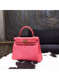 Replica Hermes Kelly 25cm Taurillon Clemence Calfskin Original Leather Bag Handstitched Gold Hardware, Rose LIpstick U5 RS08912