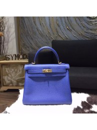 Replica Hermes Kelly 25cm Togo Calfskin Original Leather Bag Handstitched Gold Hardware, Blue Electric 7T RS17841