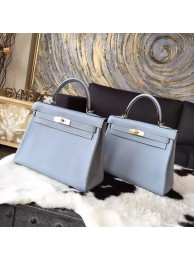 Replica Hermes Kelly 28cm/32cm Taurillon Clemence Bag Handstitched Palladium/Gold Hardware, Blue Lin J7 RS16531
