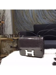 Replica Hermes Mini Constance 18cm Shiny Alligator Crocodile Original Leather Fully Handstitched Palladium Hardware, Grey Black RS01458