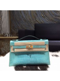 Replica Hermes Mini Kelly Pochette 22cm Shiny Alligator Gold Hardware Handstitched , Turquoise Blue 7B RS19855
