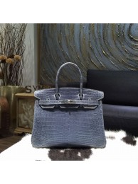 Replica Hermes Shiny Alligator Birkin 30cm Bag Hand Stitched Palladium Hardware Handstitched, Blue Tempete N7 RS00503