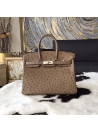 Sale 1:1 Hermes Birkin 25cm Autruche Ostrich Bag Palladium Hardware Handstitched, Etoupe CK18 RS16613