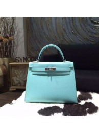 Sale 1:1 Hermes Kelly 28cm Epsom Calfskin Bag Handstitched Palladium Hardware, Blue Atoll 3P RS05380