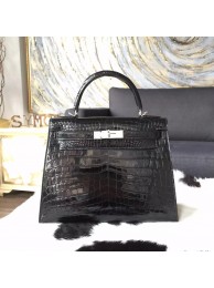 VIP Hermes Shiny Alligator Crocodile Kelly 28cm Sellier Rigide Palladium Hardware Handstitched, Noir Black/Flag Red RS02697