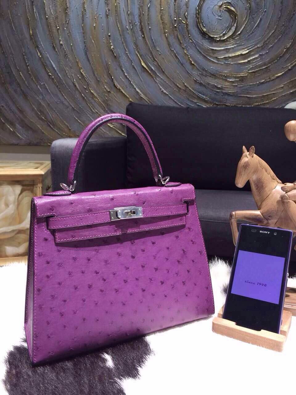 AAA Fake Hermes Kelly 25cm Ostrich Palladium Hardware Hand Stitched, Violet 5C RS13998
