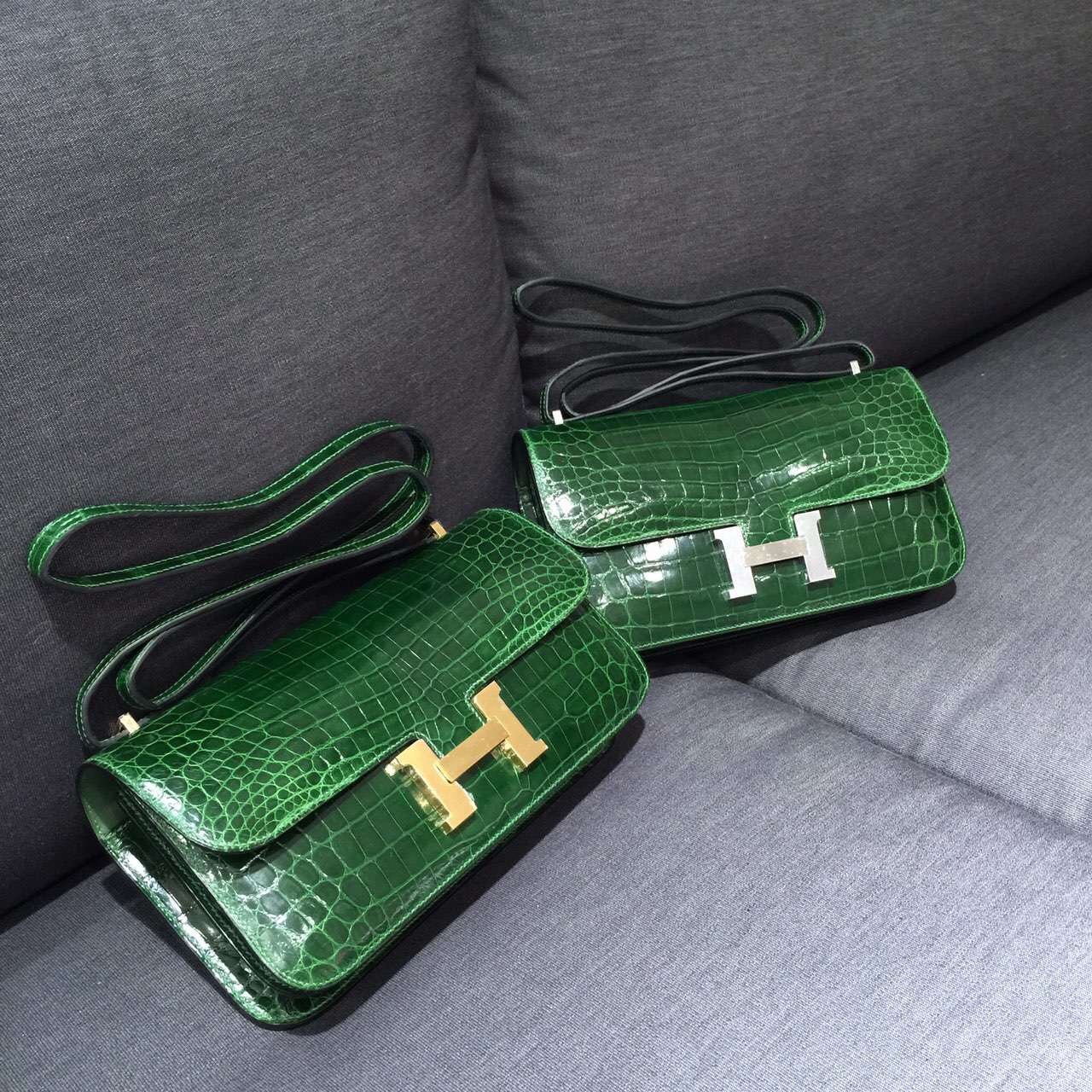 AAA Hermes Constance Elan 26cm Shiny Crocodile Skin Bag Handstitched Gold/Palladium Hardware, Vert Fonce CK67 RS08139
