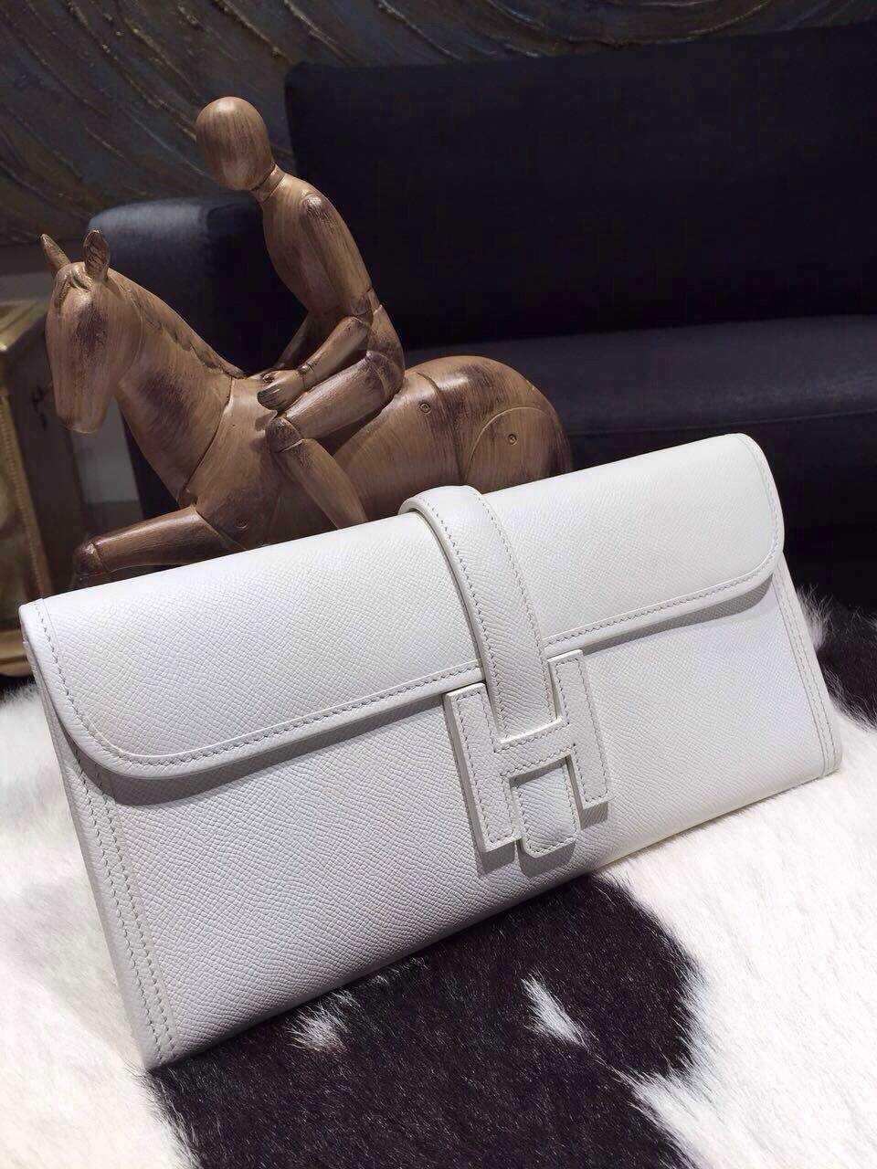 AAA Hermes Jige Elan Clutch 29cm Epsom Calfskin Handstitched, White RS05280